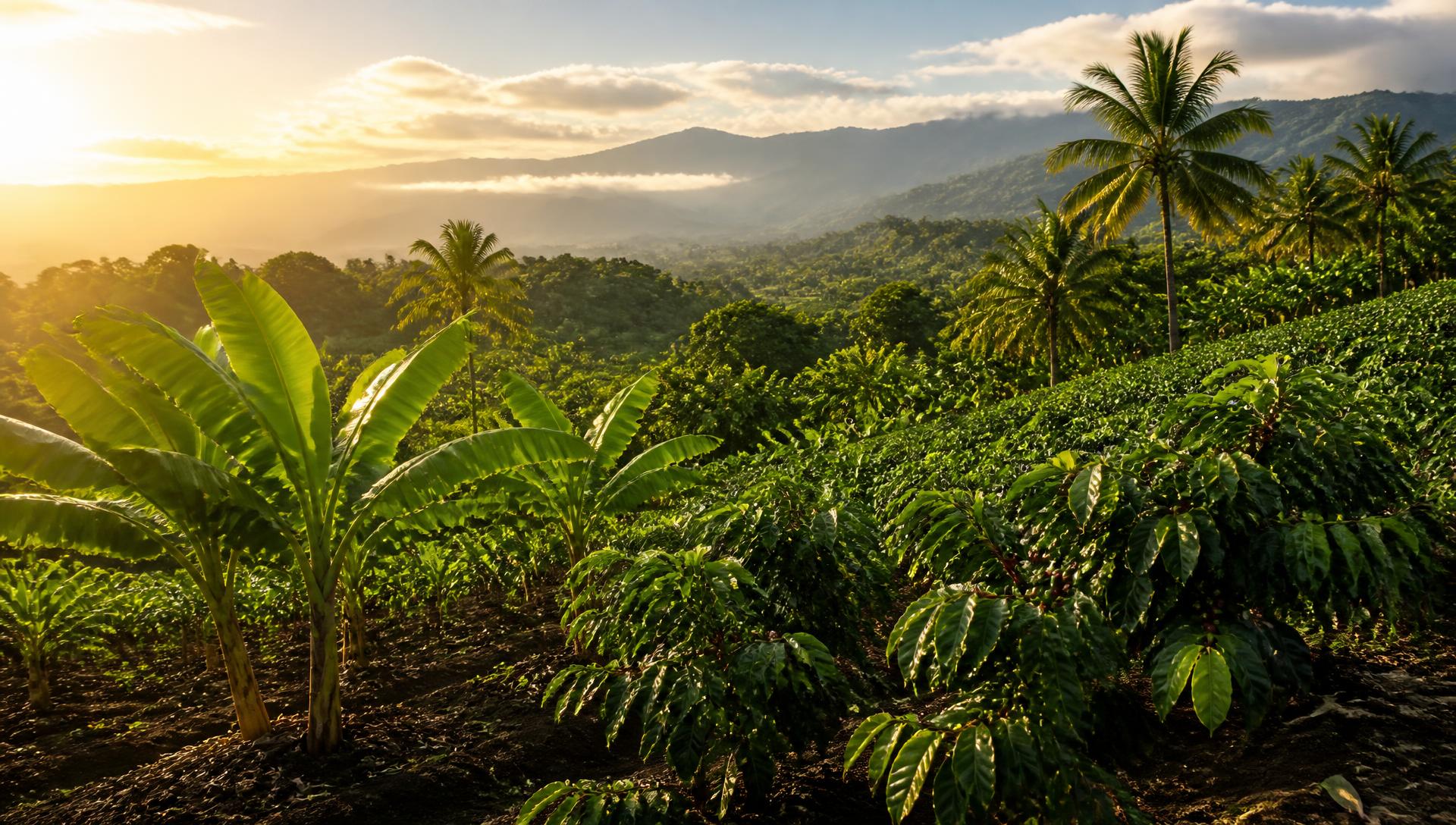 Tropical farm with banana and coffee plants in the Dominican Republic